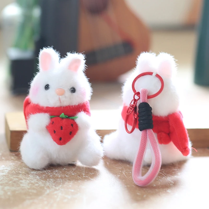 Cute Strawberry Rabbit Bunny Plush Doll Soft Ragdoll Keychain Lanyard Pendant Girly Bag Hanging Ornaments Stuffed Toy Kids Gifts