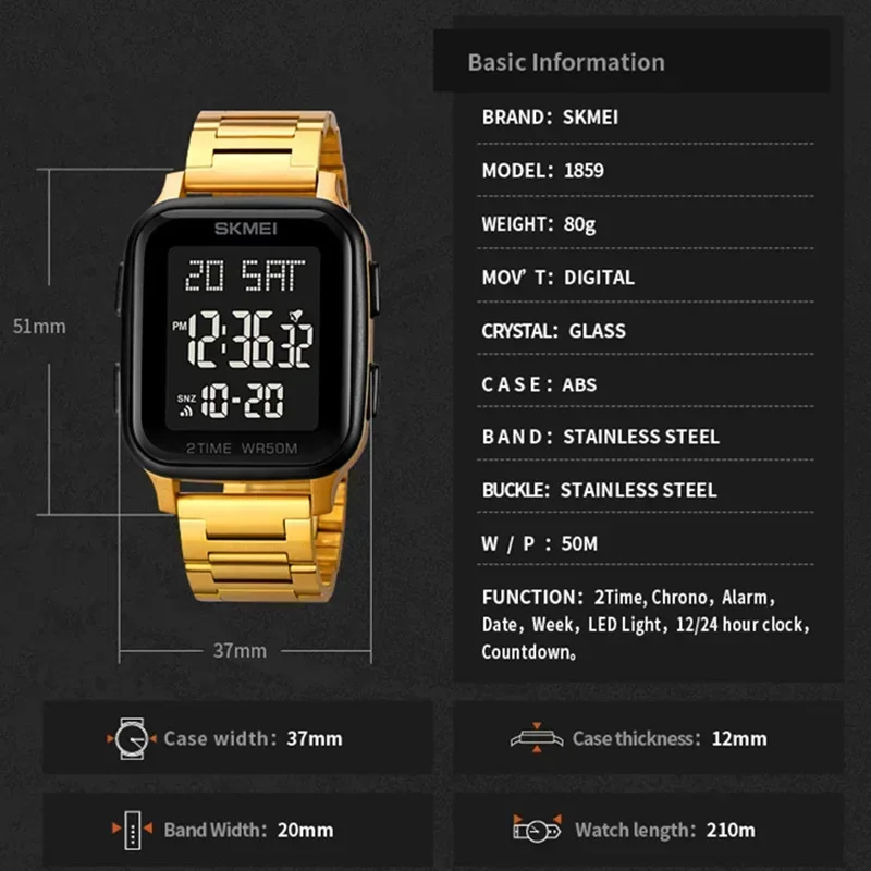 SKMEI Waterproof Leisure Business Steel LED Mens Electronic Wristwatches Clock Reloj Masculino Digital Sport Men Watch 1859 1858