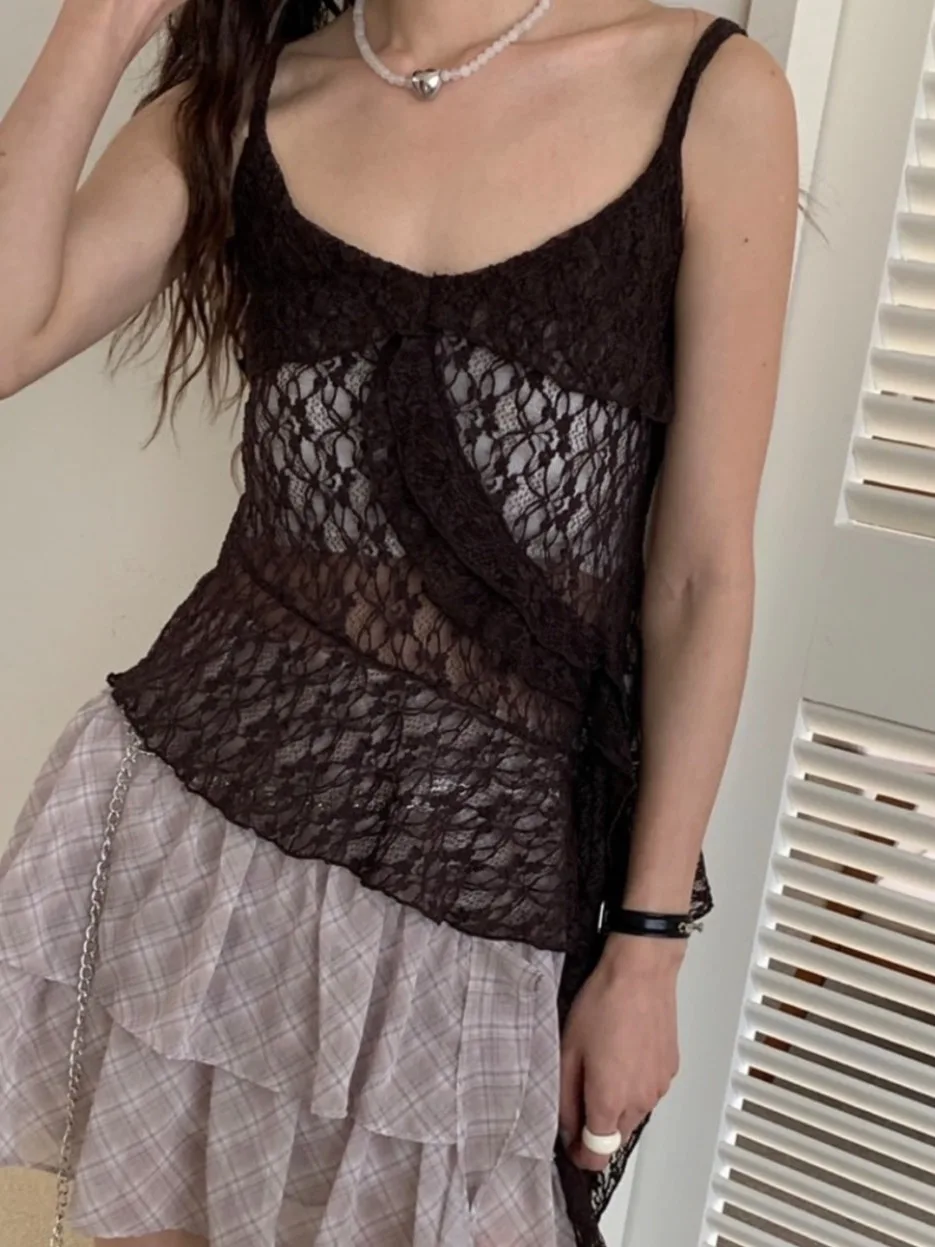 Chic Spitze Übergroßen Crop Top frauen Sommer Neue Sle Pure Desire Sexy Layered Weste Bluse Mid-Länge Svel oberbekleidung