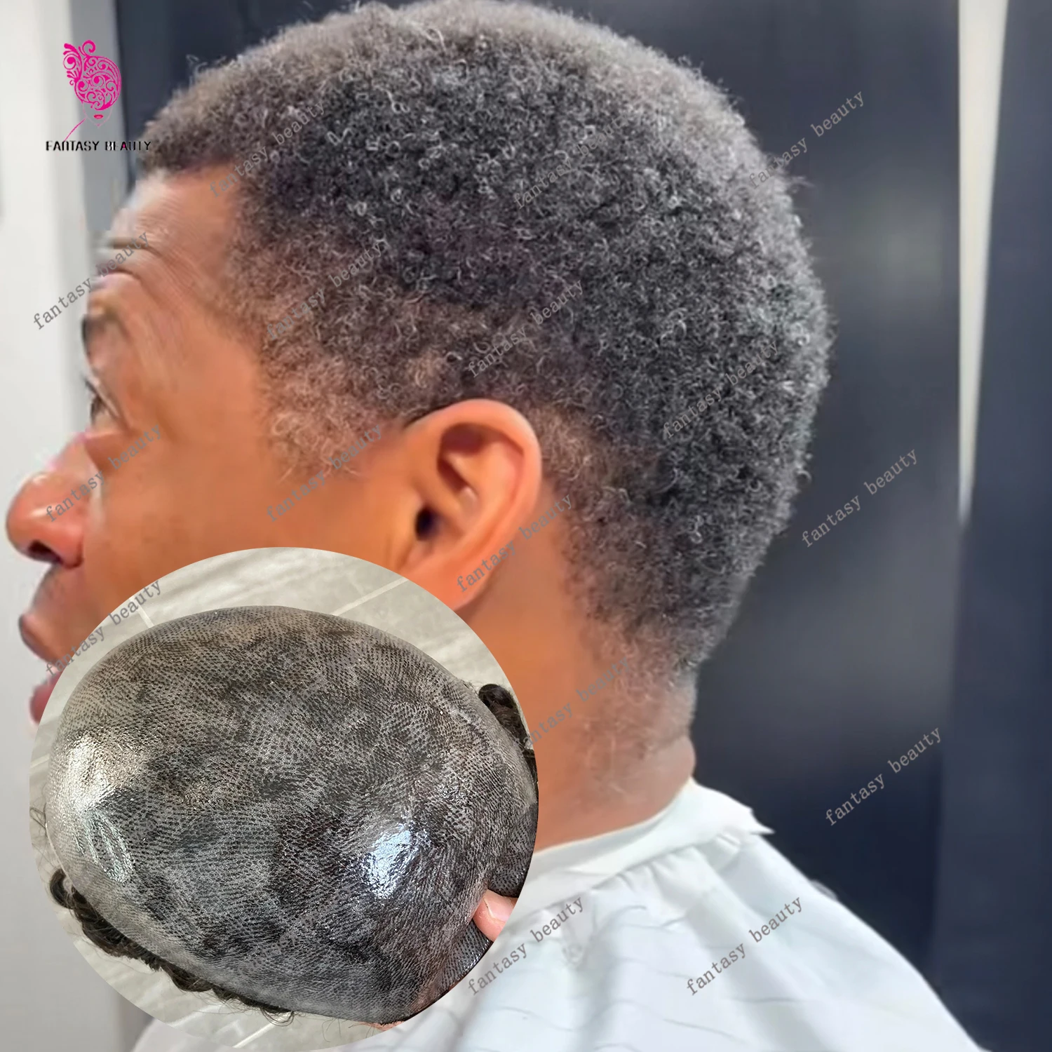 

Grey 6mm Afro Tight Curly Men's Toupee 1B40 1B65 Undetectable Durable Full Skin PU Black Man Human Hair System Capillary Prosthe