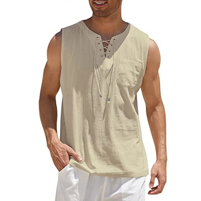 Men\'s Tank Tops Summer Fashion Solid Color Loose Cotton Linen Shirt Casual Beach Style Sleeveless T-Shirt Lace Up Man Vest Tops