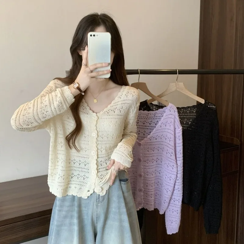 New Knitted Hollowed-out Sun Protection Cardigan, Summer Thin Long-sleeved Short Top Shawl Women Thin Style Fashionable Simple