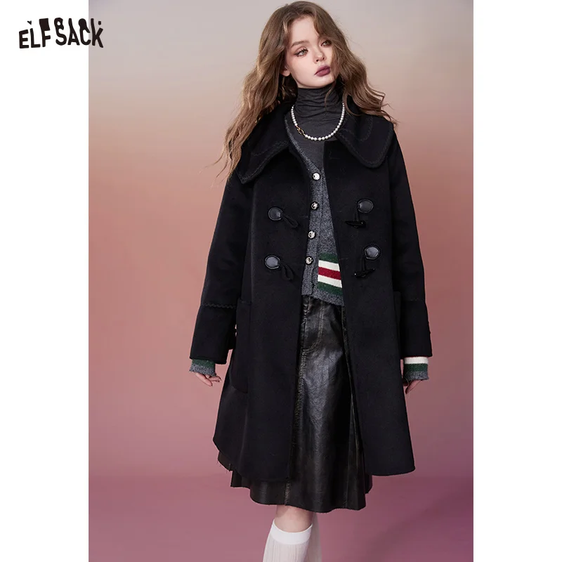 

ELFSACK Korean Fashion Horn Button Wool Coats Women 2023 Winter Designer Mid-length Outwear