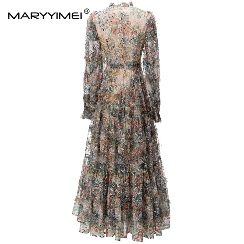 MARYYIMEI New Fashion Runway Dress Women's Round Collar Lantern Sleeves Small Flower Print Ruffle Black Mesh Pleated Long Dress