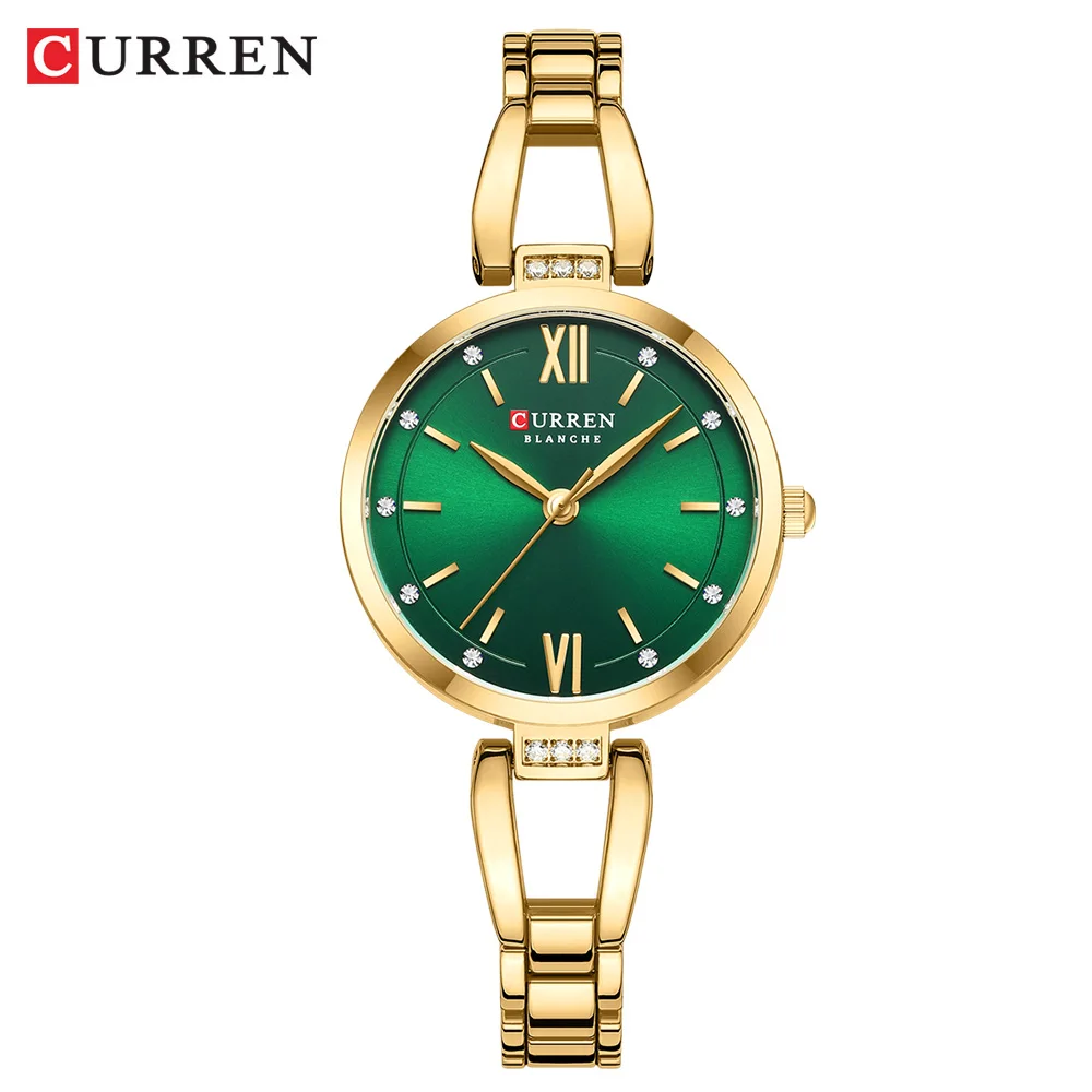 CURREN Luxury Elegance Ladies Watch with Sparkling Rhinestones Simple Quartz Stainless Steel Bracelet Wristwatch