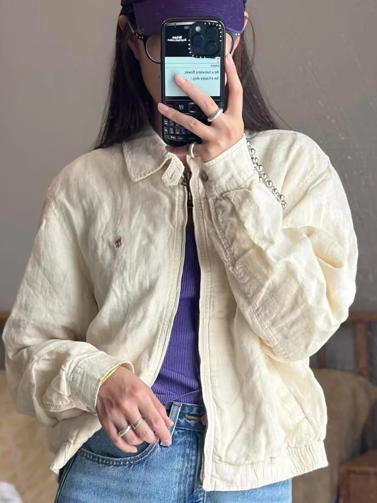 เสื้อโค้ทผ้าลินินสไตล์เรโทรอเมริกันสำหรับฤดูใบไม้ร่วงต้นๆ  แบบลำลองอเนกประสงค์ ปกเสื้อแบบทางการ