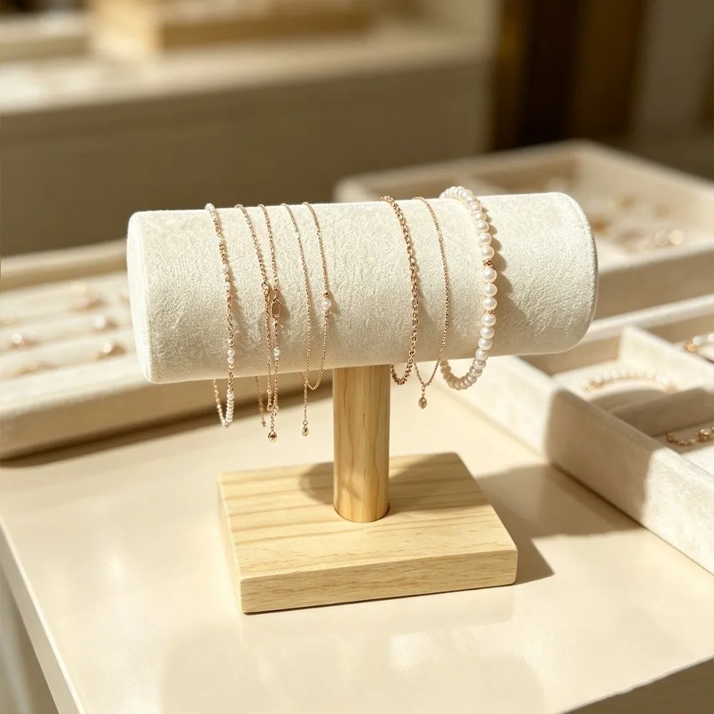 Solid Wood Base Bracelet Display Stand Single Tier Velvet Surface Watch Holder Cylindrical Design Vintage Style Jewelry Holder