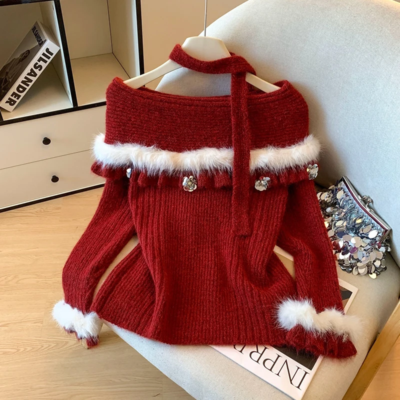 

MEXZT Off Shoulder Sweater Women Christmas Red Faux Fur Patchwork Knitted Pullovers Harajuku Korean Knitwears Winter Jumpers New