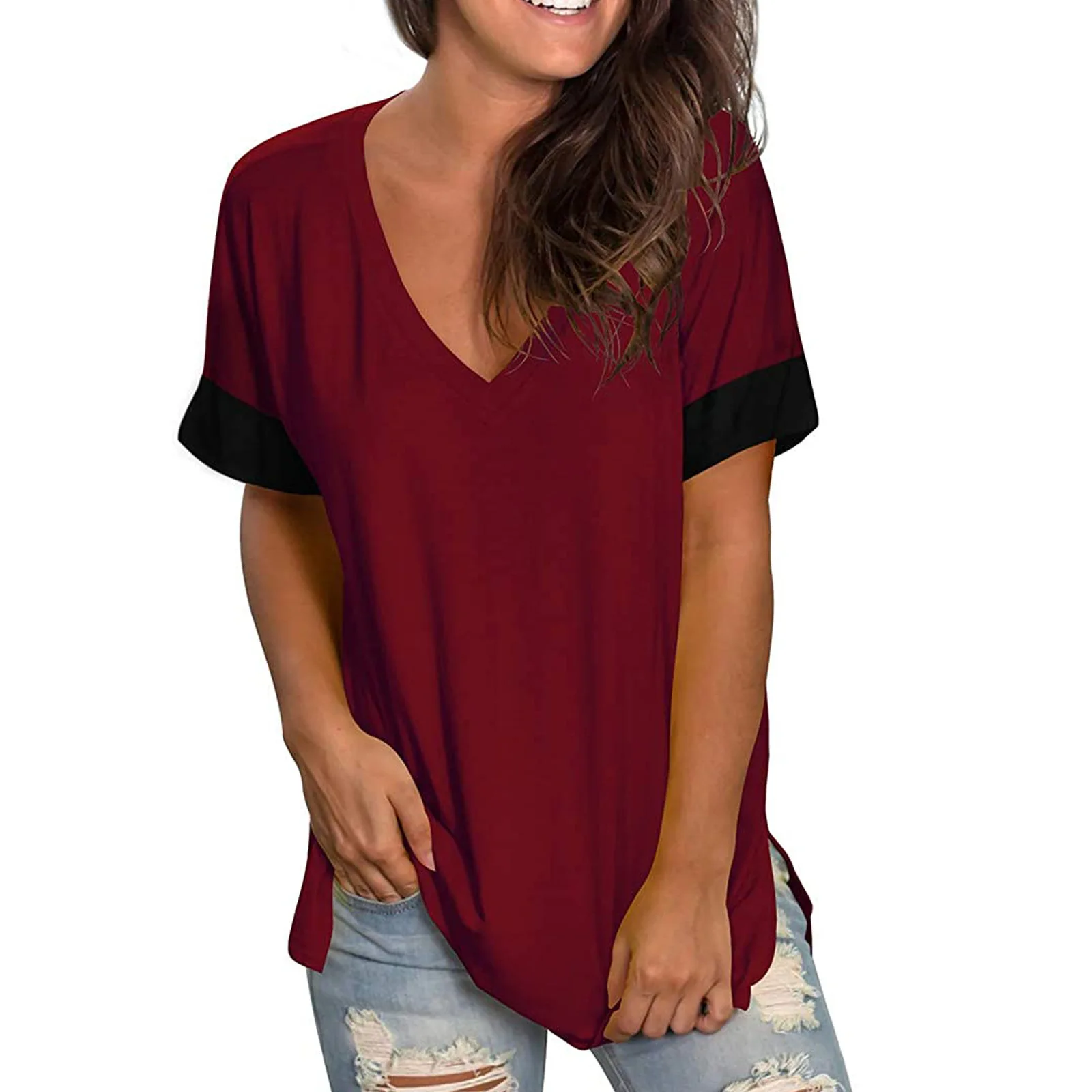 Summer Solid Color Blouse V-Neck Short Sleeve Loose Fashion Women's Casual Hundred Tops Trendy T-Shirts for Women Summer Tops