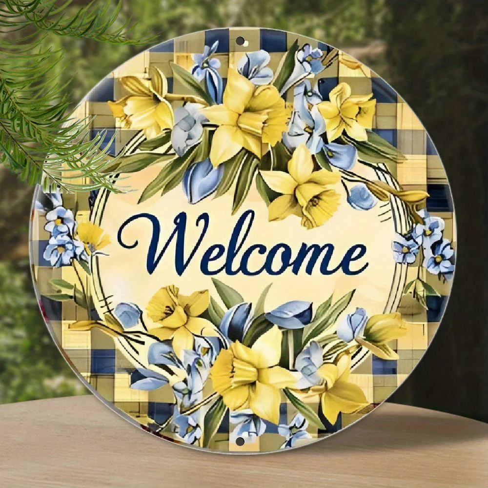 1pc Vintage Floral Welcome Sign - Elegant Script Wall Plaque with Blue Daffodil & Flower Design, HD Weather-Resistant Outdoor/ H