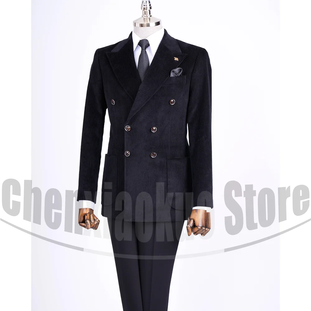 

Black Corduroy Men Suits Chic Double Breasted Formal Business Blazer with Pants Elegant Peak Lapel Wedding Party Male Suit