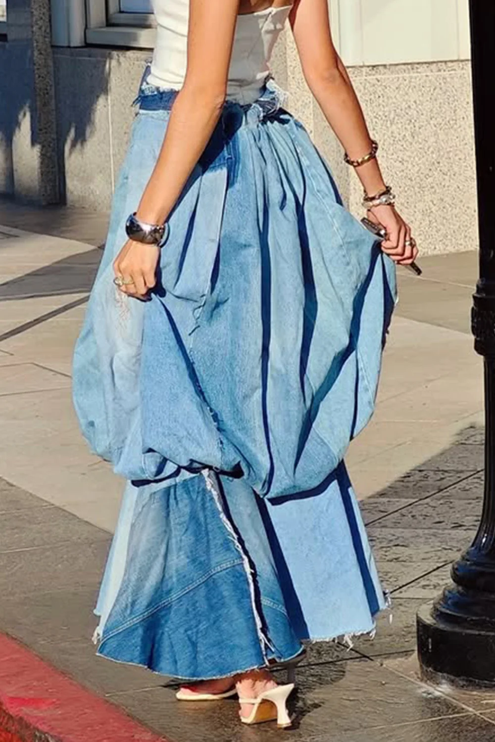 Plus Size Daily Blue Solid Bubble Lantern Hight Waist Denim Skirts