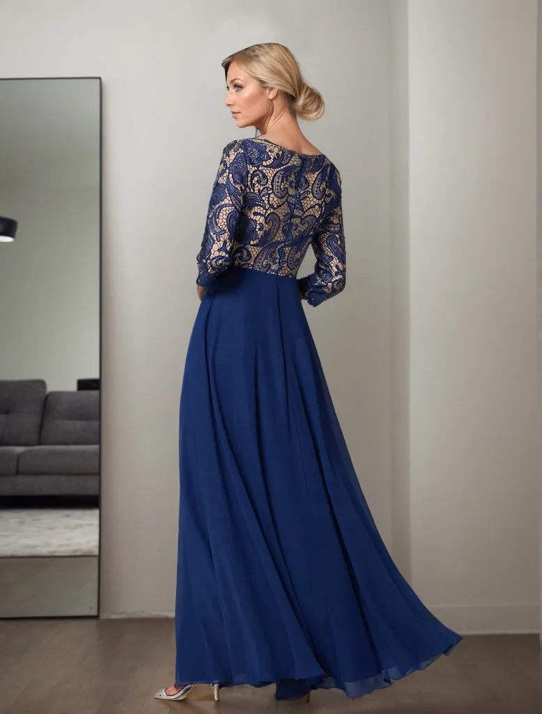 Abito a trapezio Abito per la madre della sposa Elegante scollo a barca con spacco alto Lunghezza pavimento Chiffon Applicazioni in pizzo 2025 personalizzato gratuito