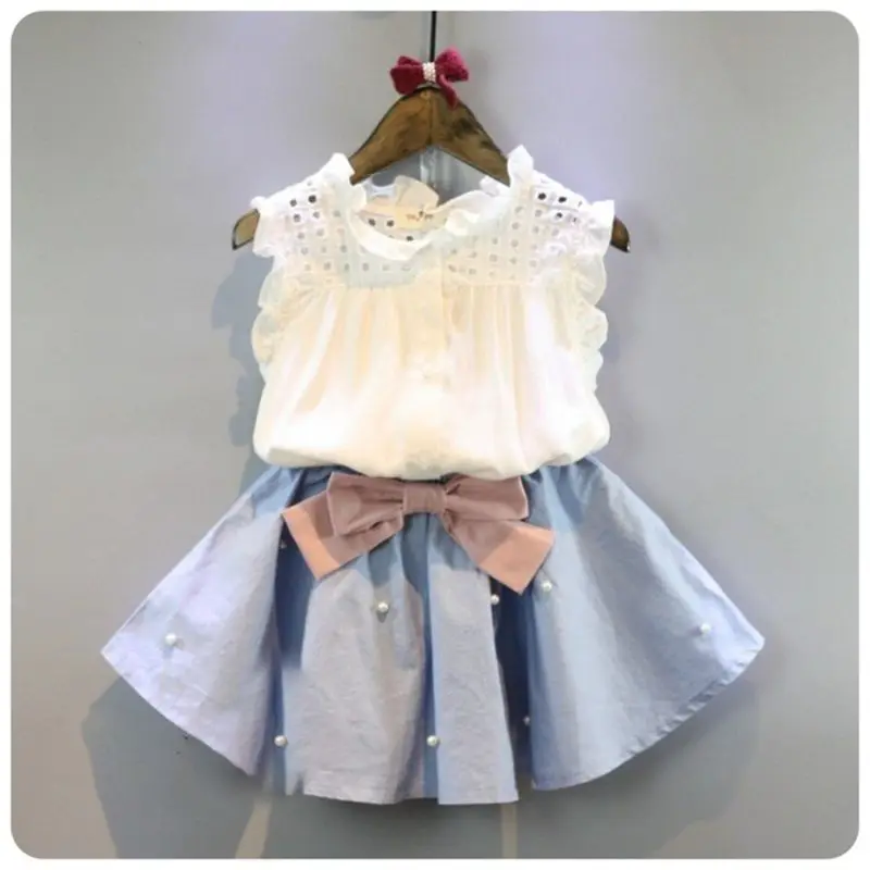 2026 Korean Summer New Childrens Sleeveless Shirt and Short Skirt Set for Girls and Children Two Piece Set for Baby Girls