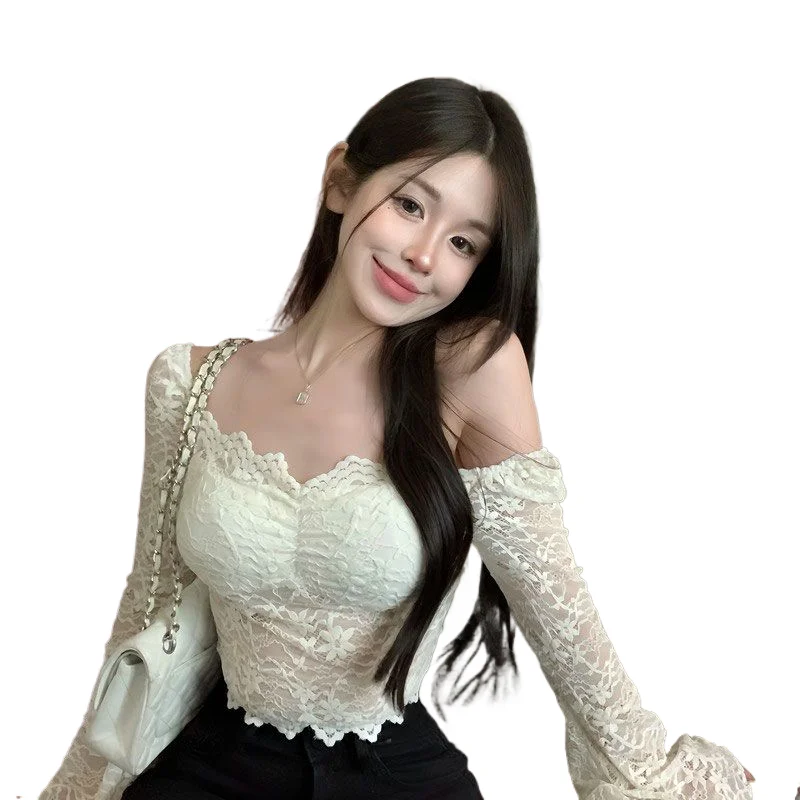 

Maillard Pure Square Collar Flap Sleeve Waist Slimming with Chest Pad Showing Body Zipper Lace Top Base Shirt
