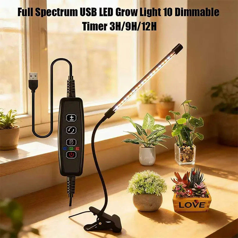 

Светодиодный светильник для растений USB Full Spectrum для домашнего сада, гидропоники, теплиц, 10 уровней яркости, таймер на 3/9/12 часов