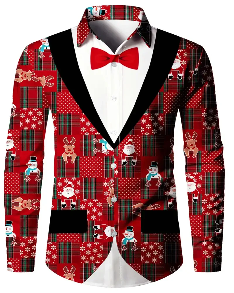 2024 Christmas Gift Men's Shirt Suit Pattern 3D Printed Christmas Street Long Sleeve Button Lapel Clothing Fashion Casual Shirt