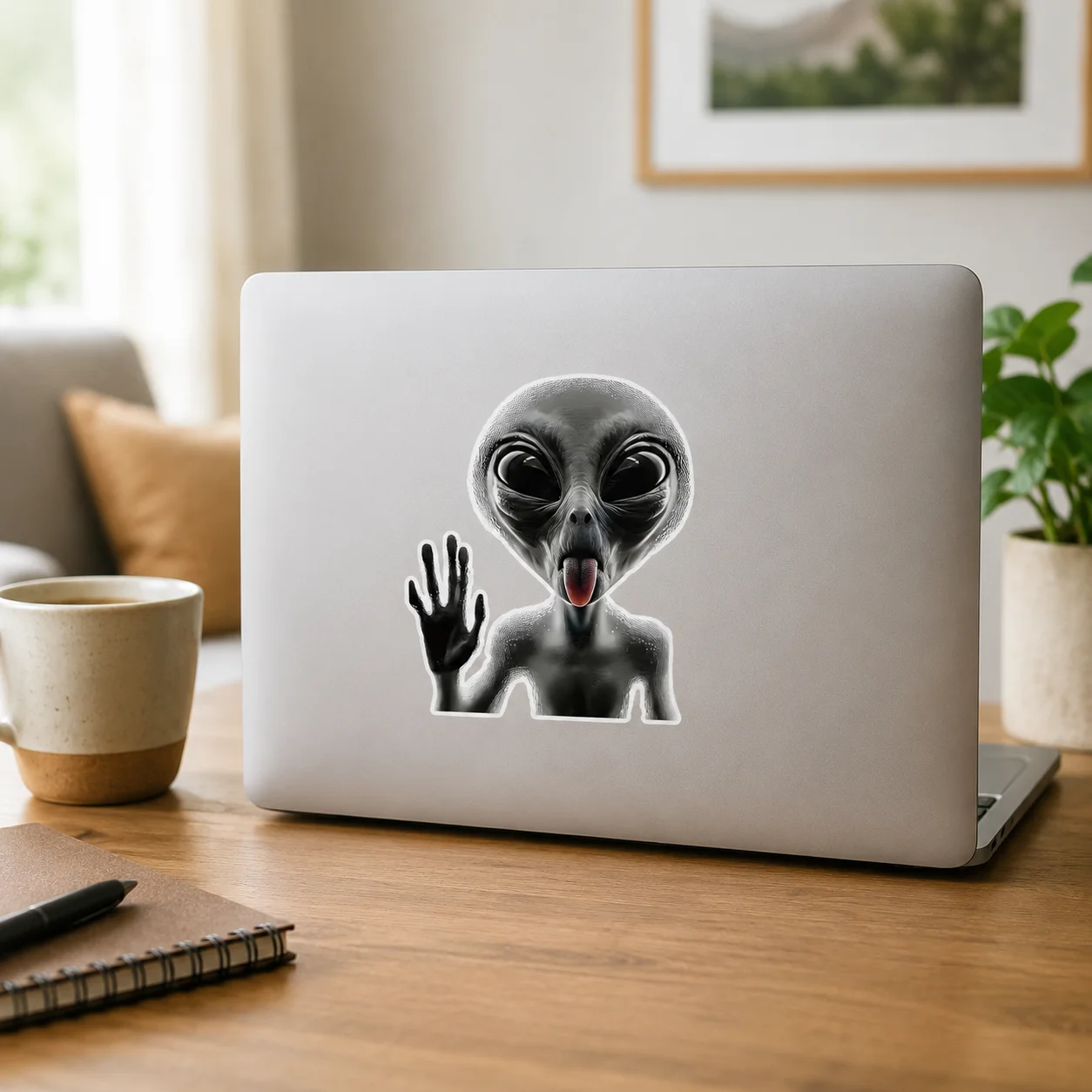 

6-Inch Funny Alien Car Sticker, Glossy Self-Adhesive Grey Alien Decal for Vehicle Body Window, 2D Flat Sci-Fi UFO Graphic Bumper Sticker