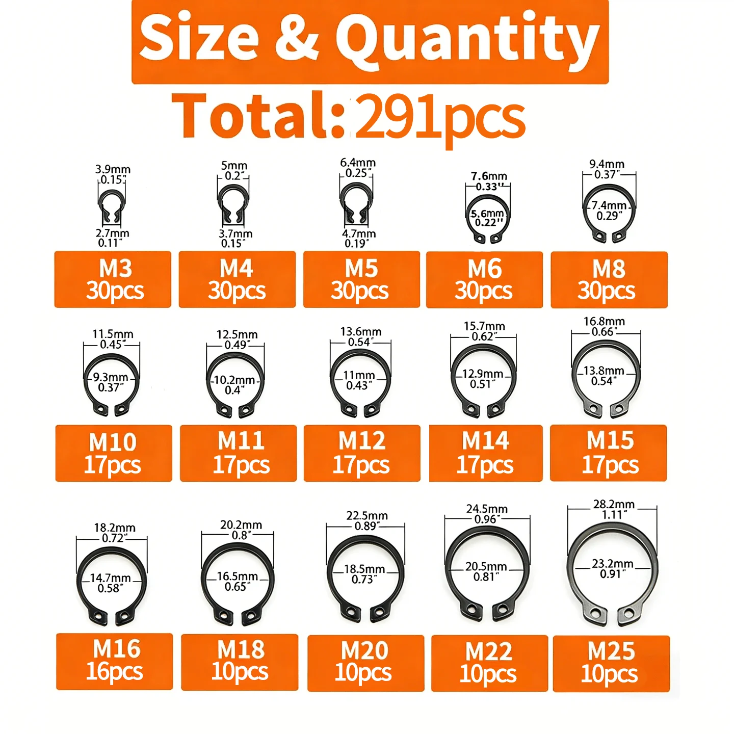 291Pcs 15 Sizes: M3-M25 Black Alloy Steel C Clip External Circlip Set Snap Ring Retaining Ring for Shaft Bearing Hardware