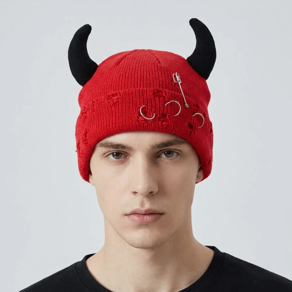 Punk Yarn Devil Horns Hat Distressed Solid Color Winter Pullover Cap Adjustable Hip Hop Knitted Beanie Daily