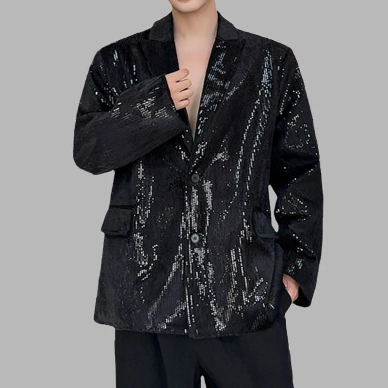 

High Street Men Blazers Sequins Lapel Long Sleeve Button Suit Jacket Streetwear Trend Loose Casual Shining Hombre Coats