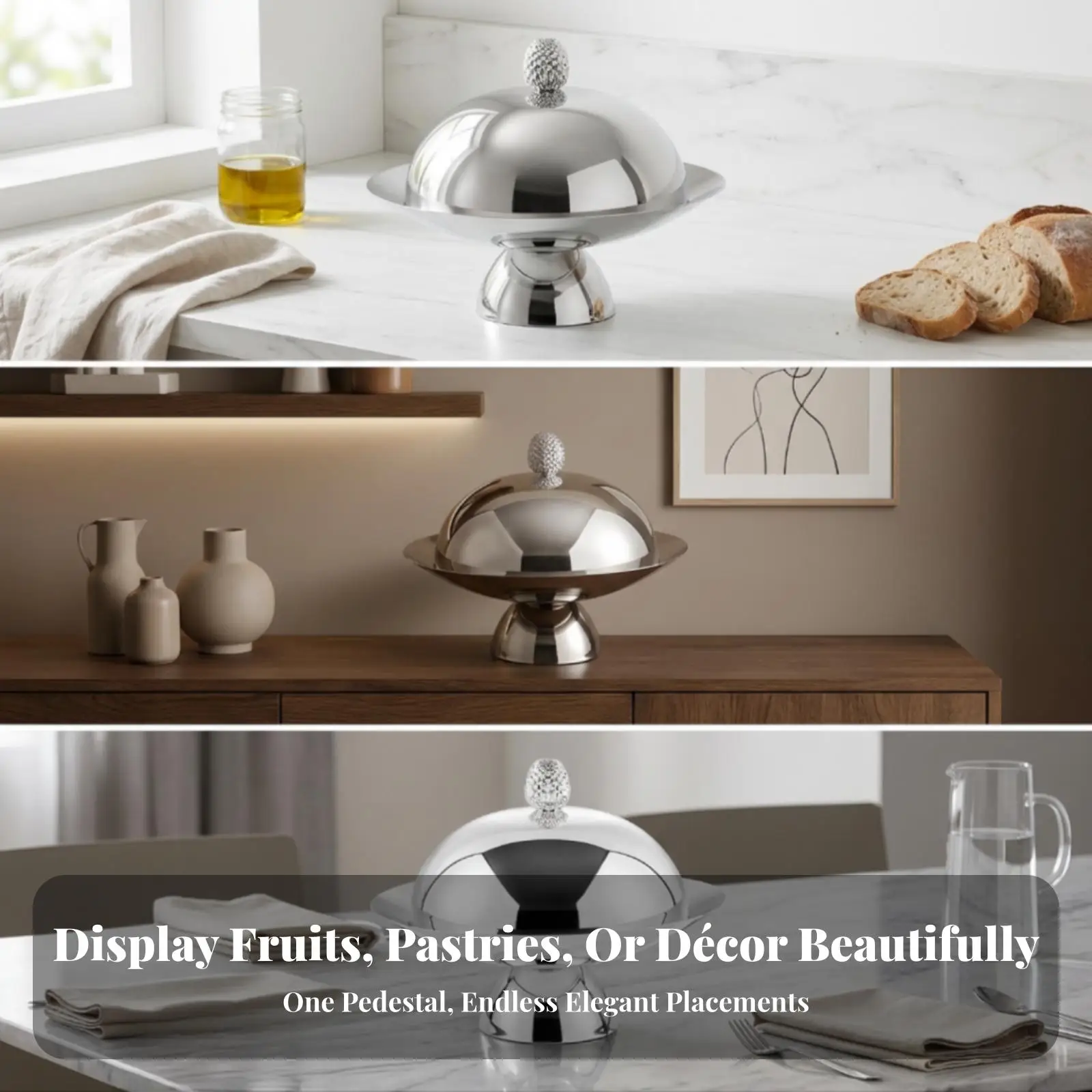 Premium Pedestal Serving Tray with Cover for Cake Fruit Display Decorative Stainless Steel Platter with Mirrored Finish for