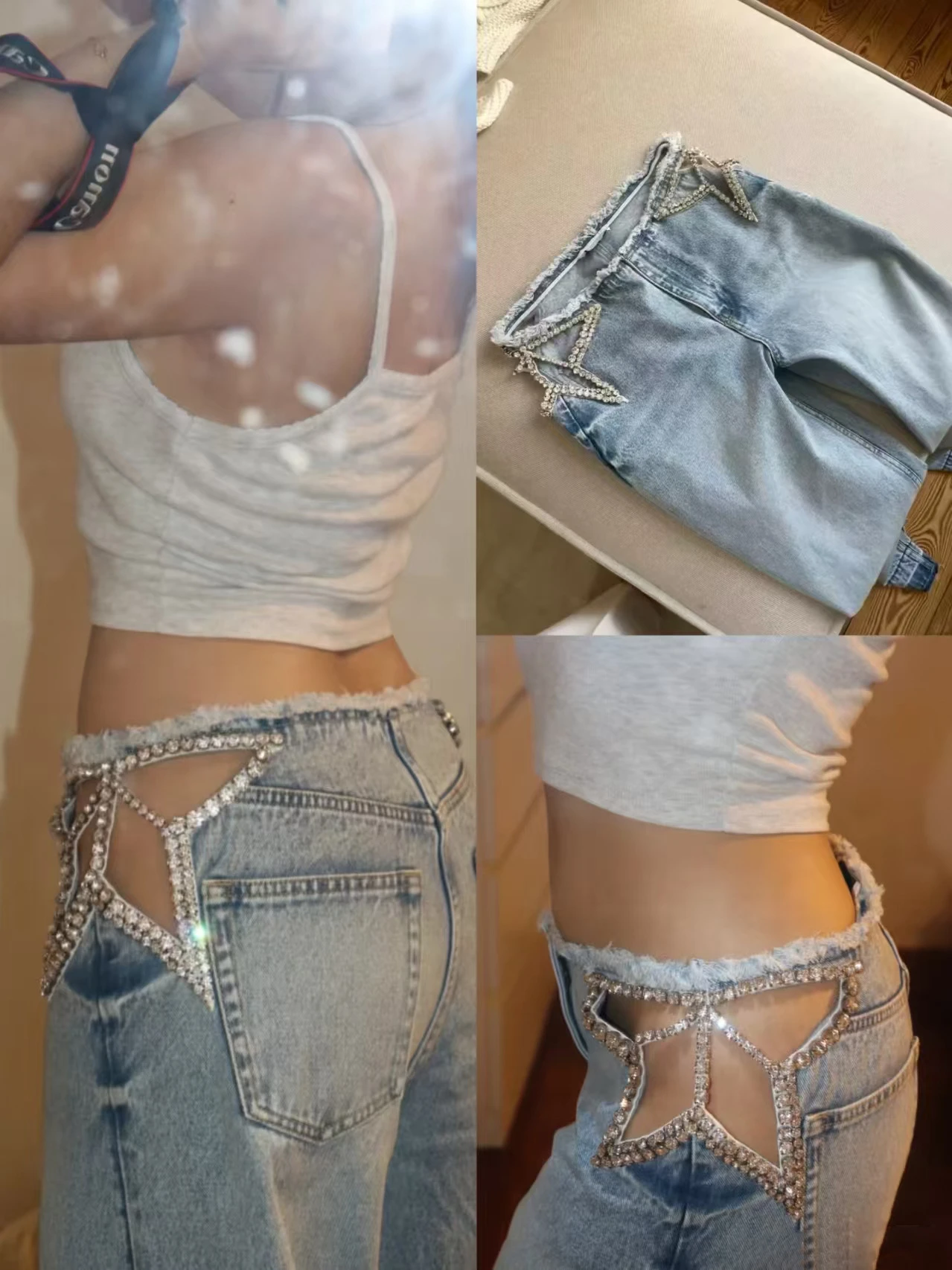 Chic Women Blue Rhinestone Jeans High Waist Frayed Waistband Star Cutout Loose Wide Leg Pants
