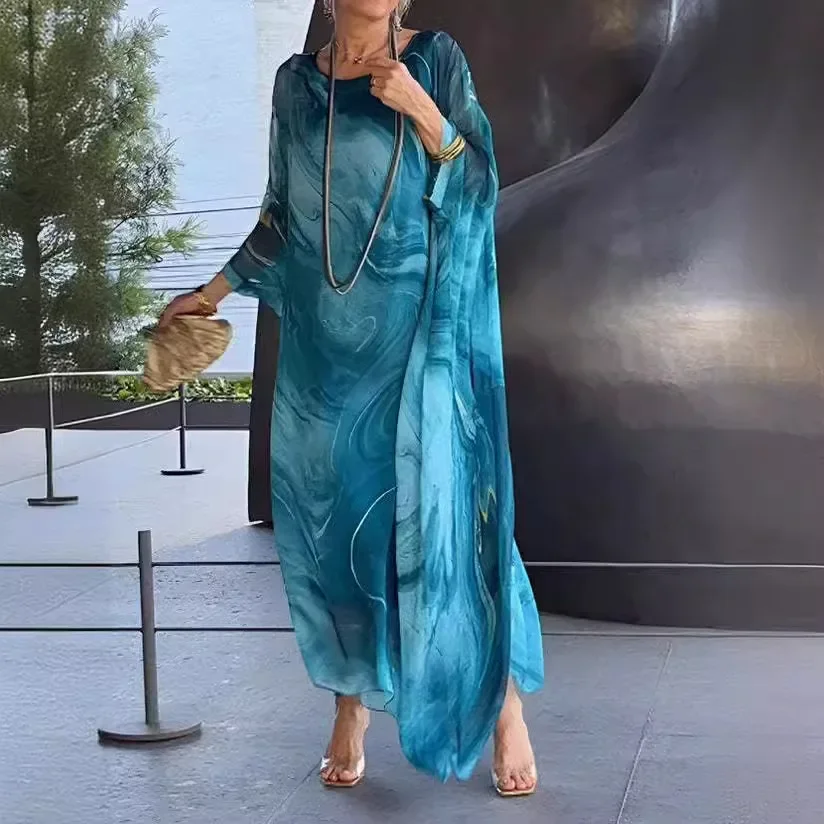 

Elegant Women Communte Printed Dress Loose Causal O-Neck Batwing Sleeve Oversized Maxi Dresses Irregular Chiffon Vestidos