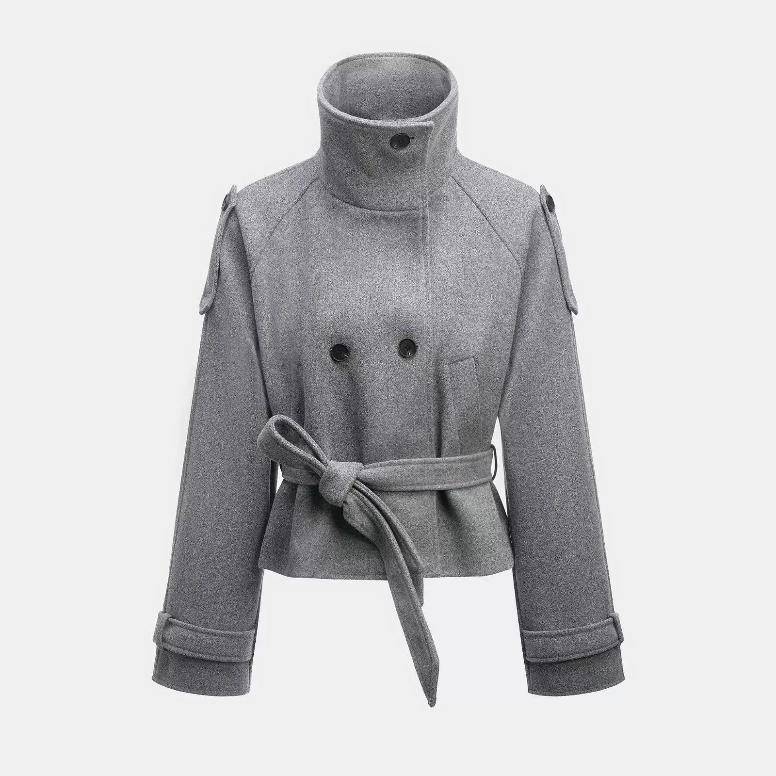 Damen-Wollmantel mit Stehkragen, kurz geschnitten, doppelreihig, mit Gürtel, für Herbst und Winter, locker geschnitten, langärmelig, schick und warm.