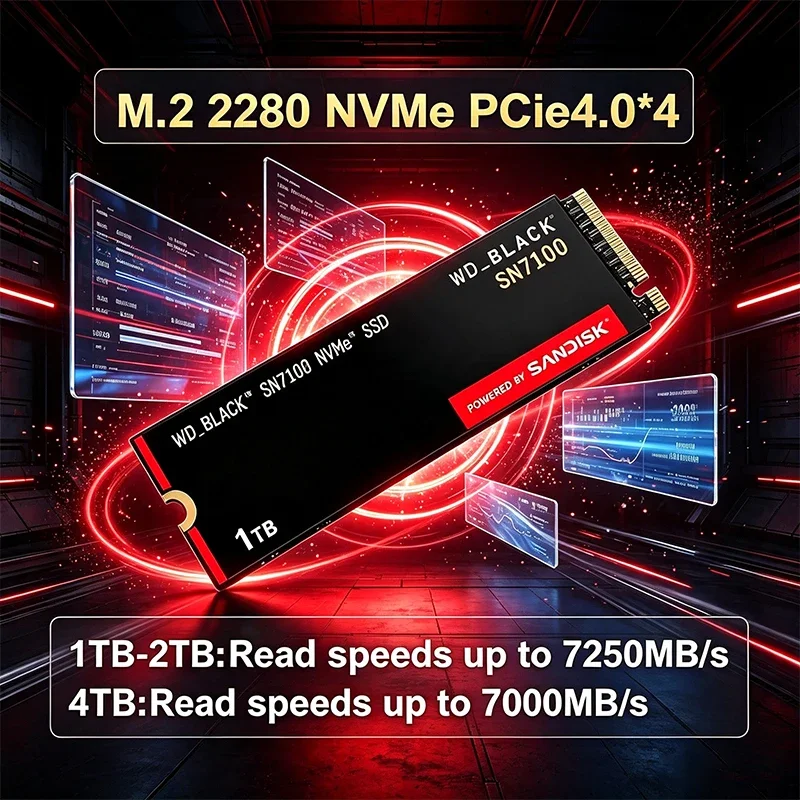 WD BLACK SN7100 PCIe 4.0 NVMe SSD 4TB com velocidade de até 7250MB/s, alimentado pela SanDisk, unidade de estado sólido interna para jogos no PS5, laptop e desktop.