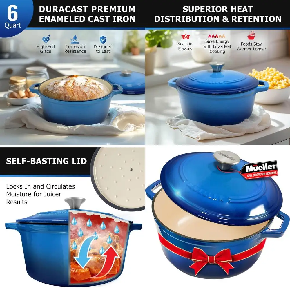 

Aqua Blue Mueller 6-Quart Enamel Cast Iron Dutch Oven, Sturdy Casserole & Braiser Pan with Lid and Knob, Compatible with All Coo