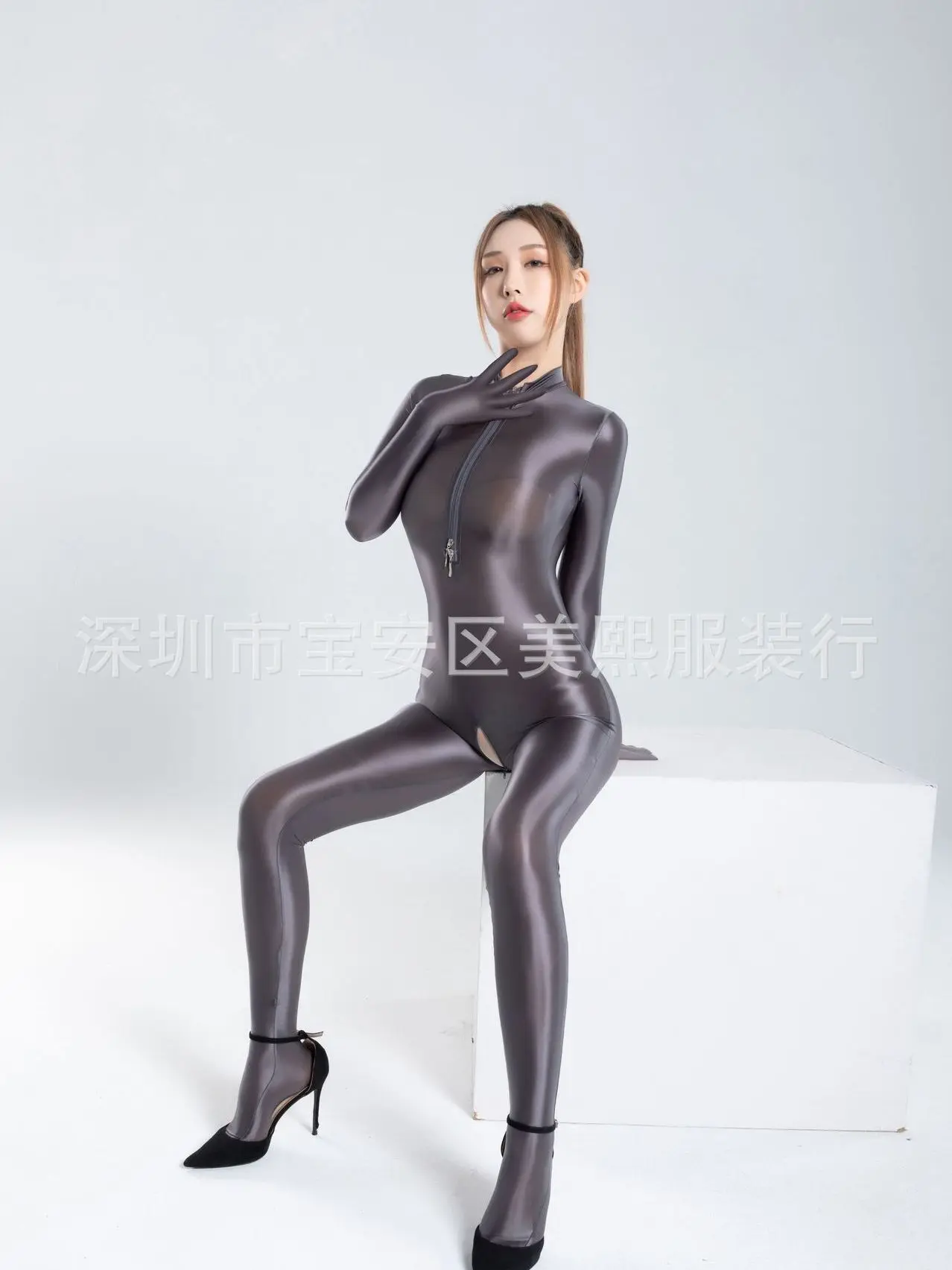 Smooth Oil Shiny And Silky Double Zipper Bodysuit Women Long Sleeve Jumpsuit Pure Colour Perspective Elastic JUMPSUITS New PM5K