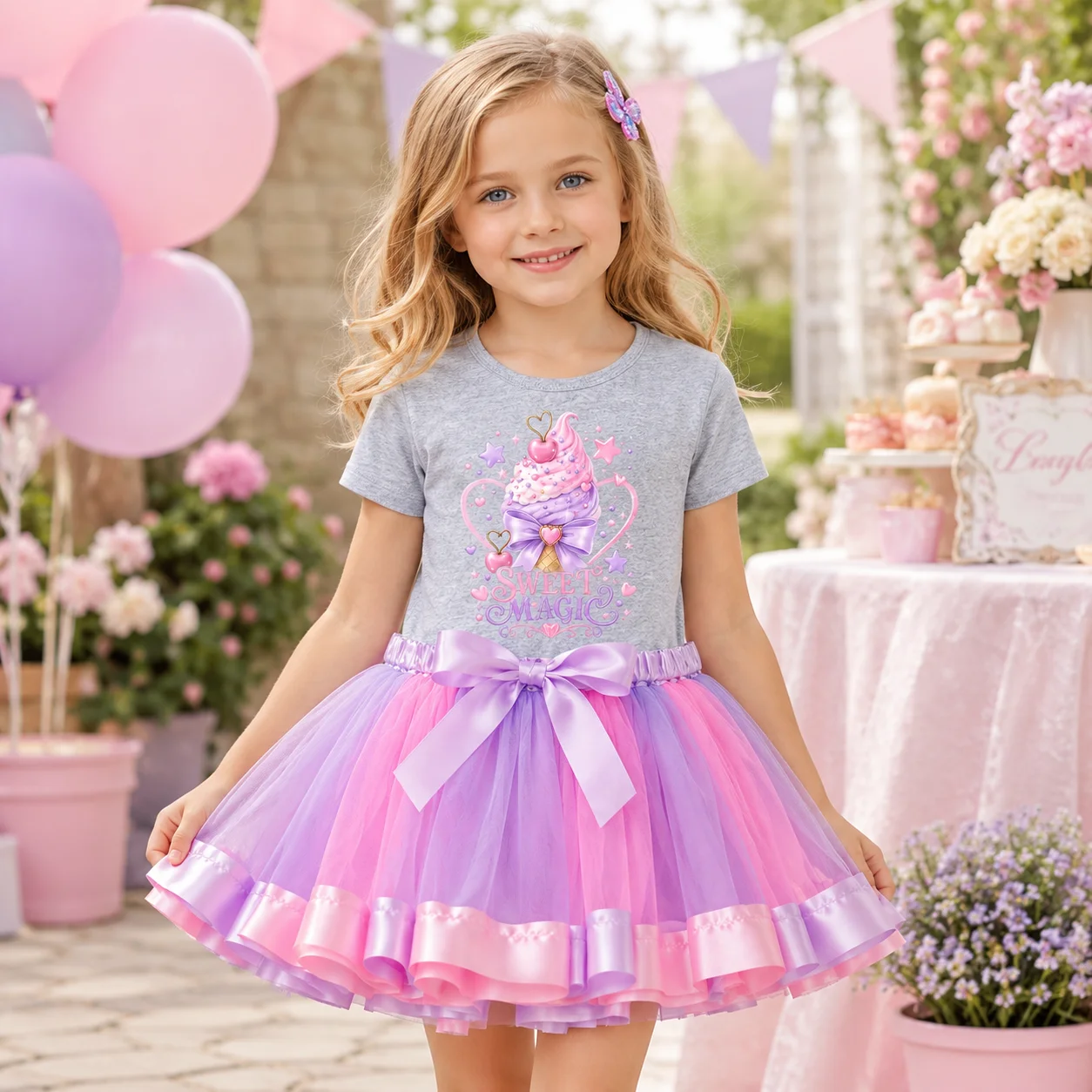 Ensemble 2 pièces pour filles : T-shirt à manches courtes imprimé crème glacée Sweet Magic + Jupe tutu rose et violette à nœud – Tenue d'été pour enfants, idéale pour anniversaire de princesse