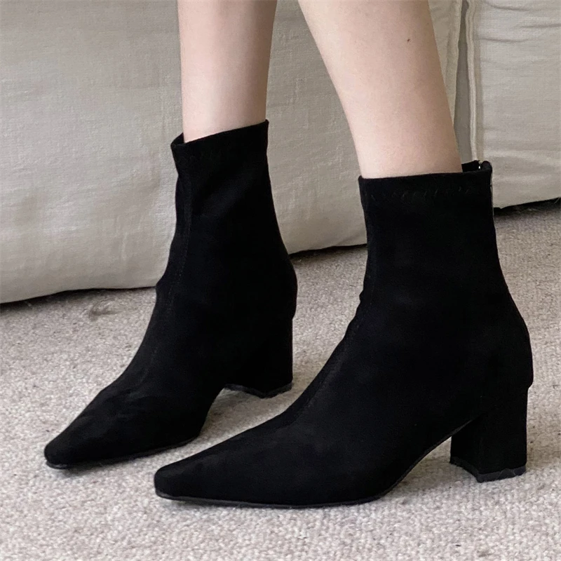 

Aneikeh/модные короткие ботинки с острым носком, женские ботильоны на молнии, лаконичные женские туфли на толстом каблуке, весенне-осенняя женская обувь