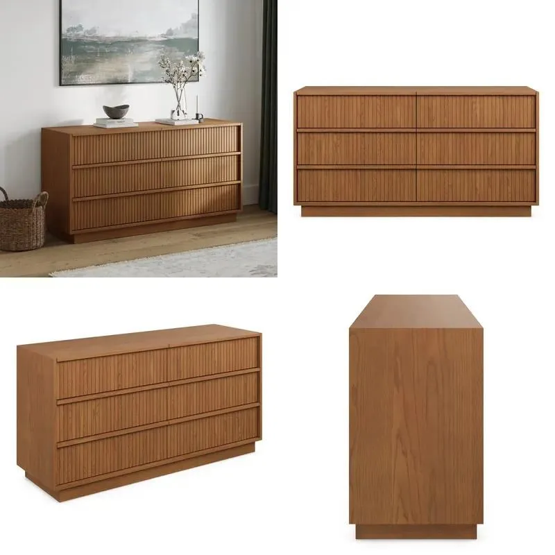 Brown Oak Grooved Dresser Custom Size 6 Drawer Locker Luxury Medieval Style Eco-Friendly Ribbed Side Cabinet