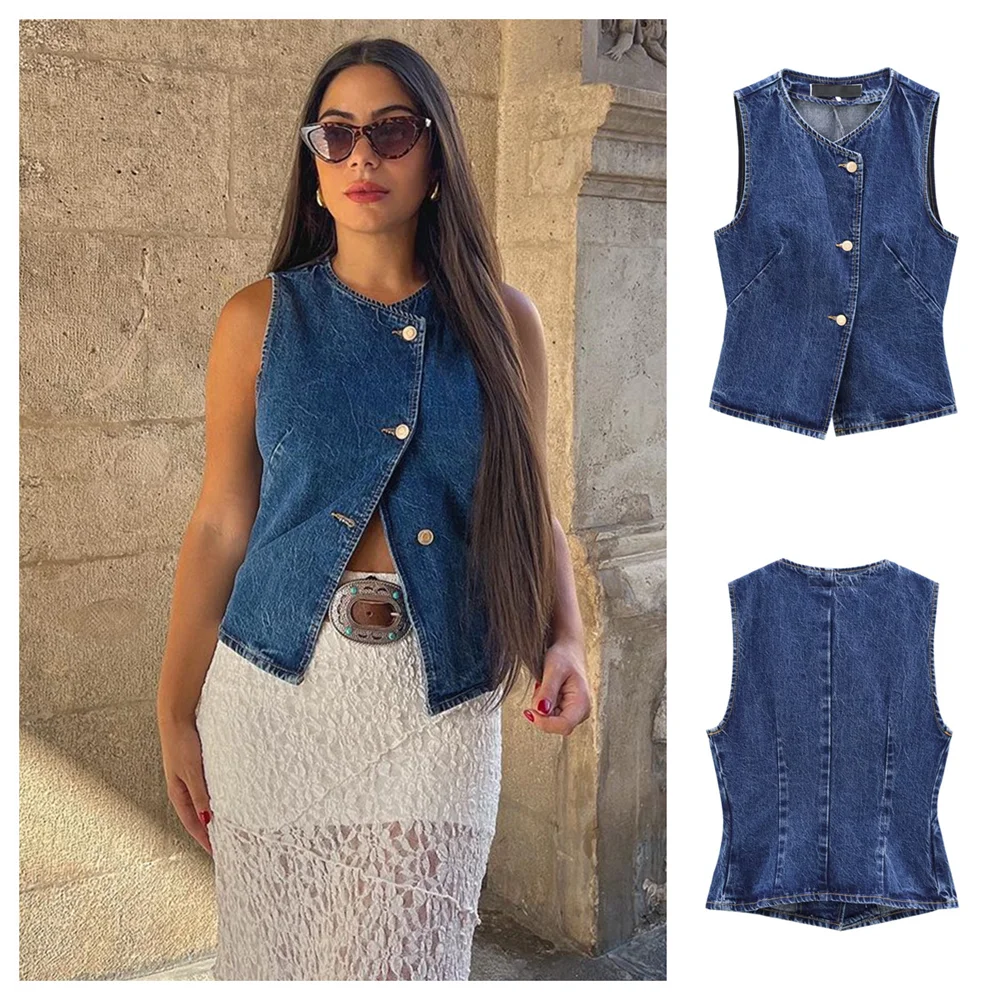 

2024 autumn new women's clothing style slim fit casual simple denim sleeveless short round neck vest