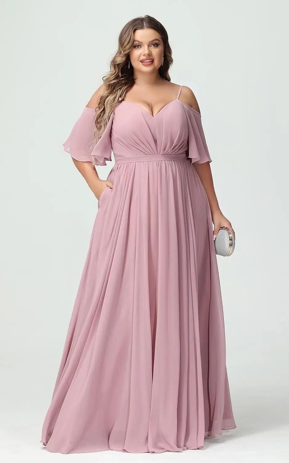 Elegant Women Plus Size Bridesmaid Dress with Slit Cold Shoulder Chiffon Formal Party Dresses with Pockets wedding evening