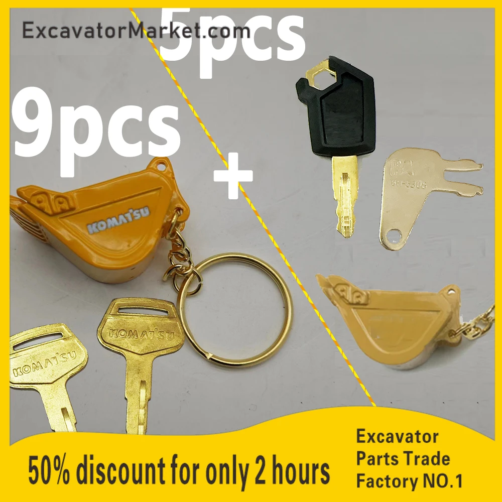 14pcs  Ignition Key With Bucket Key Chain Excavator Heavy Equipment Keychain F0001 For komatsu Keychain pc -7 -8 787