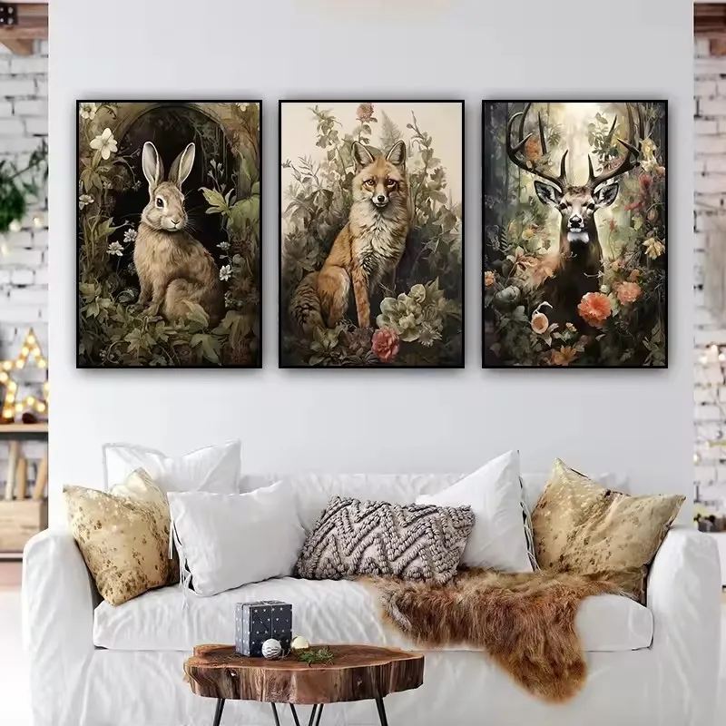 Vintage Dark Academia Aesthetic Animal Poster Rabbit Deer Crow Fox Prints Canvas Painting Wall Art Pictures for Room Home Decor