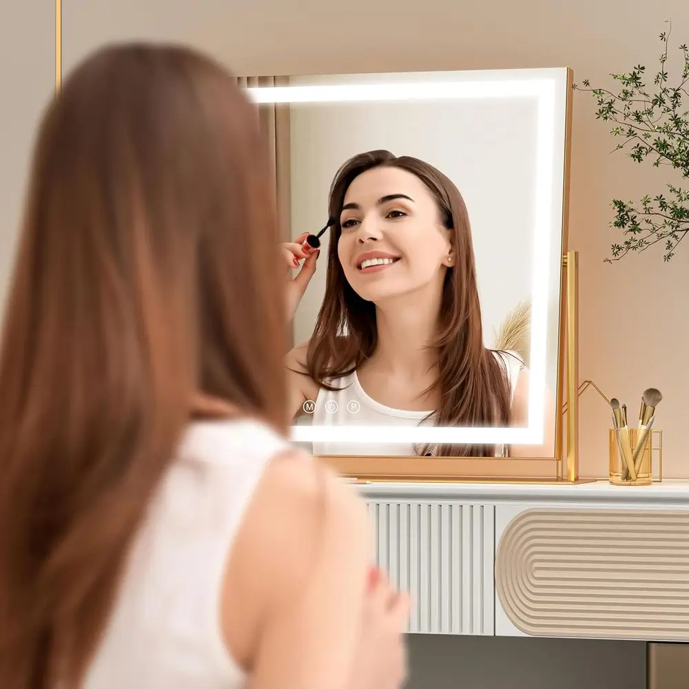 Miroir de courtoisie éclairé par 26 LED, lumière 3 couleurs à écran tactile, luminosité réglable, miroir de bureau carré doré