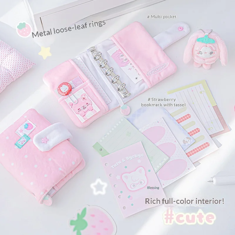 Tutu&Byebye M5 Polka Dot Plush Binder Notebook Metal Binder Rings Multi Pocket Strawberry Bookmark Full Color Pages For Students