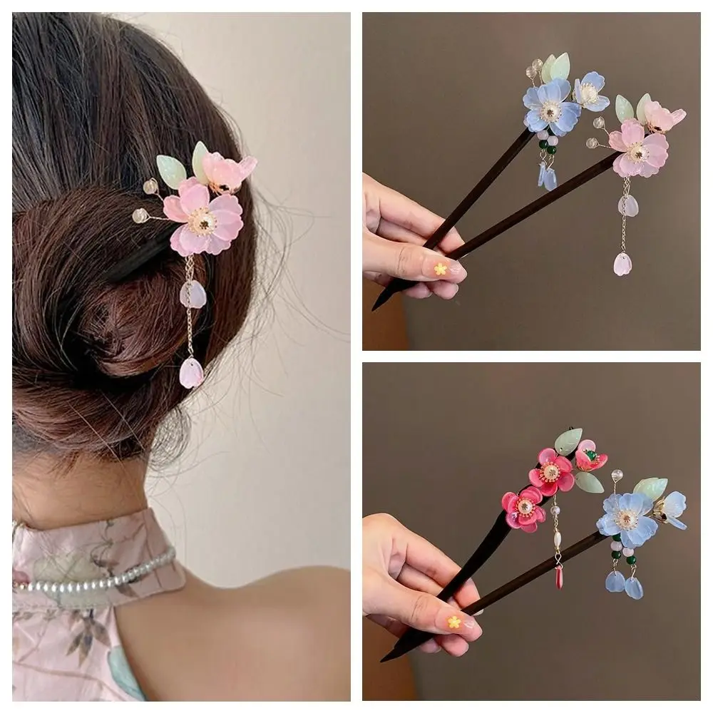 

Vintage Winding Flower Hairpin Classical Handmade Wooden Hair Stick Flower Pearl Tassel Chinese Style Hanfu Headwear Women