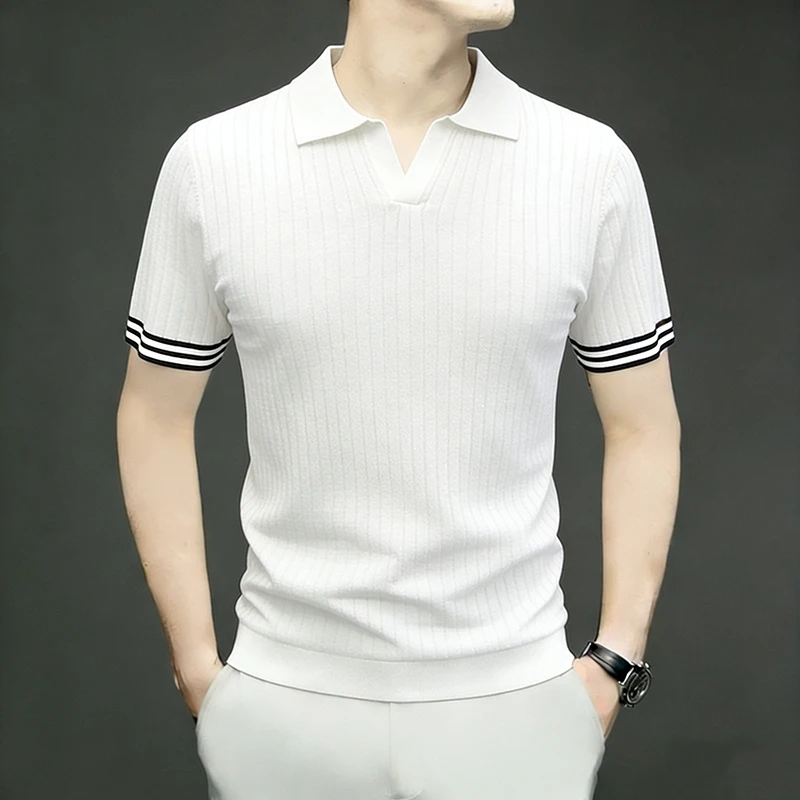 Viscose Polyamide Blend Men's Polo Shirts Short Sleeve Stretchy Summer Quality Knitwear Soft Comfortable Striped Polos De Hombre