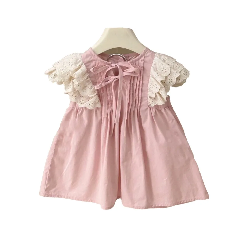 2026 Summer Pure Cotton Girls Princess Dress, Korean Sweet Fringe Trim Flutter Sleeve Pink Sundress  for 80-120cm