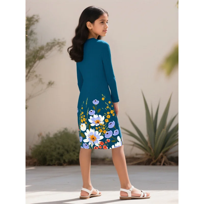 Robe à manches longues bleu paon pour filles, avec imprimés floraux colorés, coupe cintrée, Style artistique, 2025