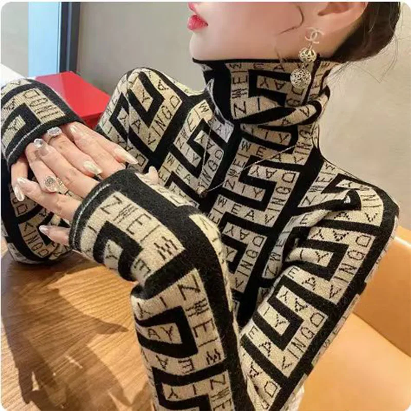 Women\'s Clothing Elegant Fashion Turtleneck Knit Pullover Autumn Vintage All-match Long Sleeve Slim Sweater Office Lady Chic Top