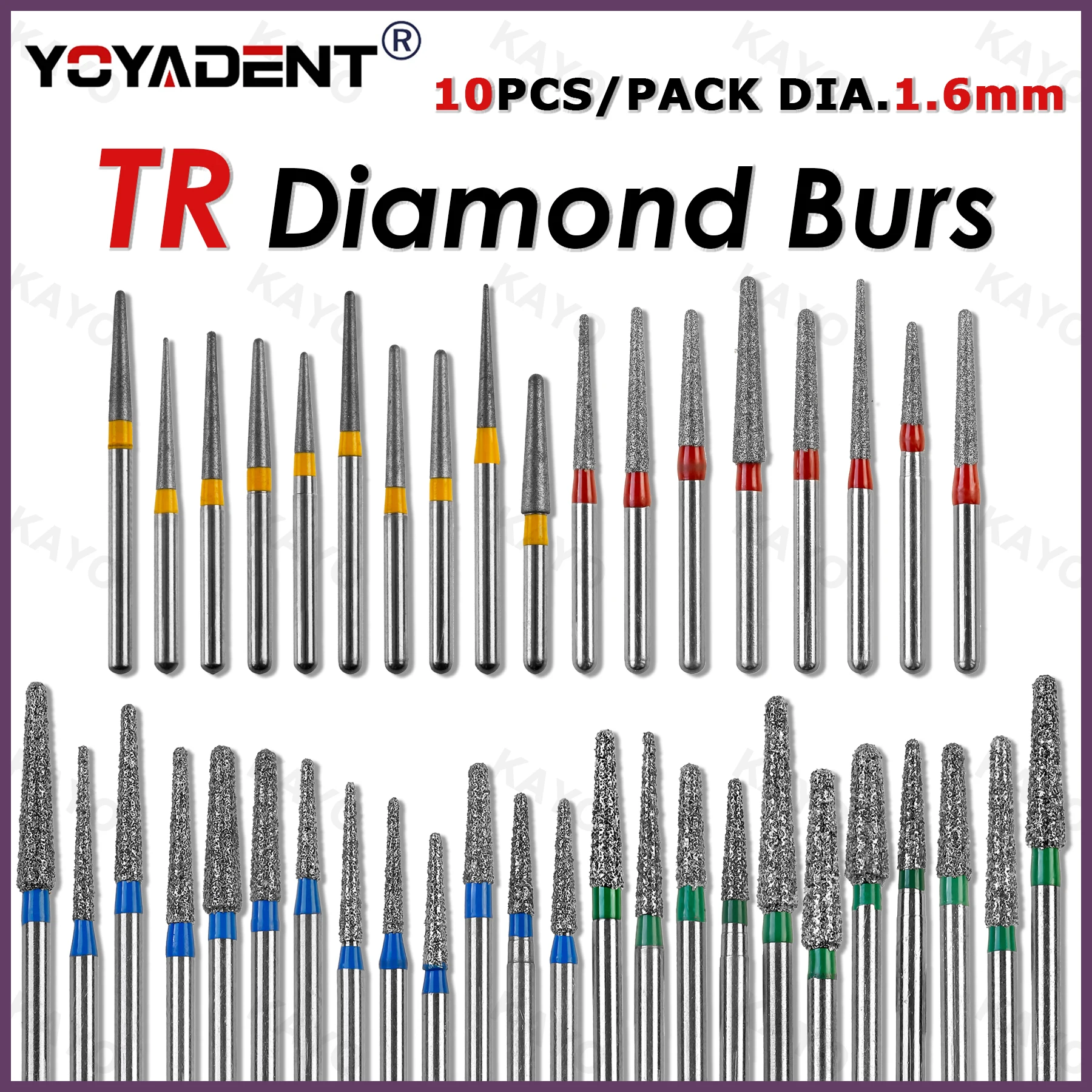 TR Type Diamond Burs Dental Burs Fine/Extra Fine/Coarse/Standard Taper Round End For High Speed Handpiece Dia.1.6mm 10Pcs/Pack