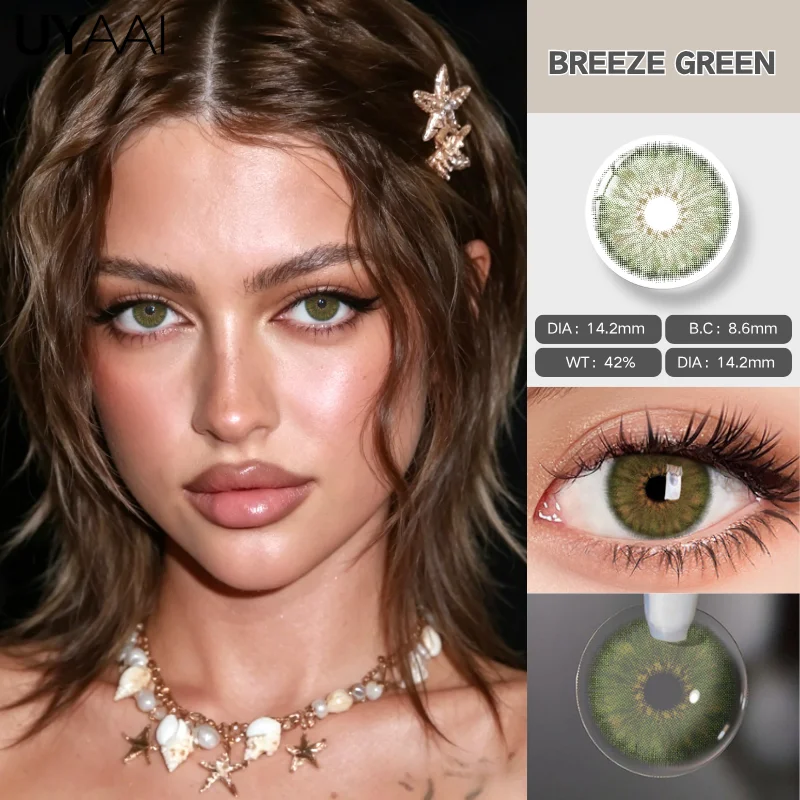 Lentes de Contacto de Color Avellana Natural UYAAI, 42% de Contenido de Agua, Transpirables, Color Verde Brisa, Maquillaje para Ojos, Cosméticos Anuales