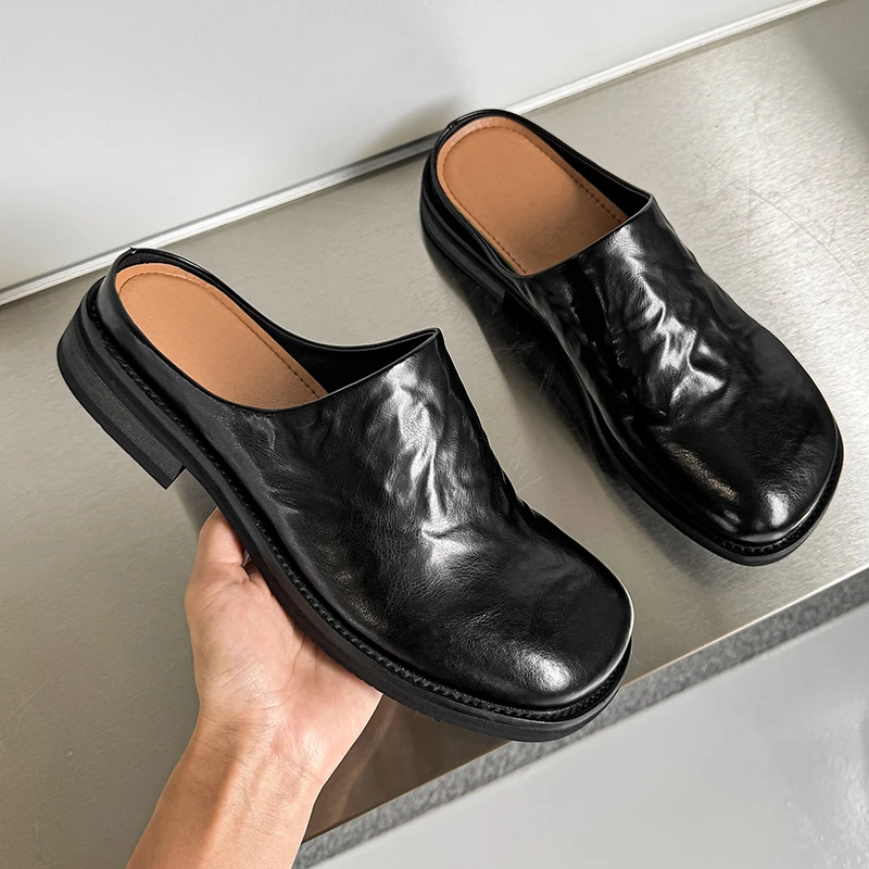 Square Headed Half Slippers Men Shoes New Style with Retro Pleats High-end Feel Commuting Leisure Baotou Slippers