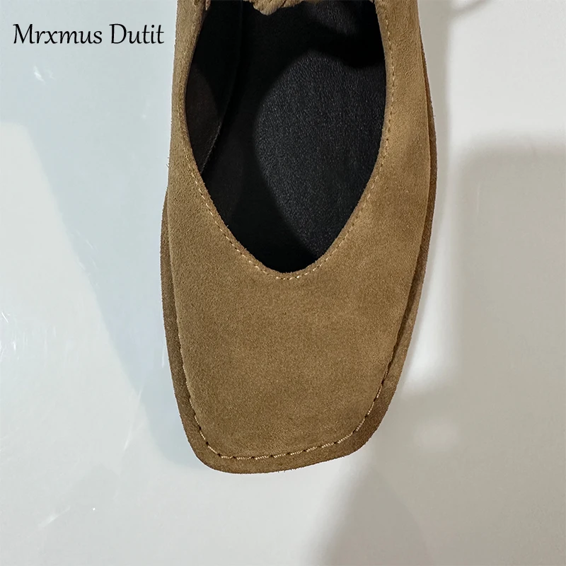 Mrxmus Dutit Genuine Suede Lace Ballet Flat Shoes 2024 New Retro Brown Simple Commuter Women\'s Shoes